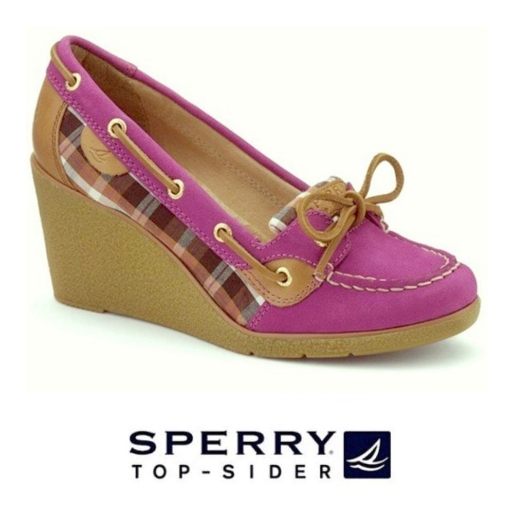 Sperry Fuchsia and Tan Plaid Wedges